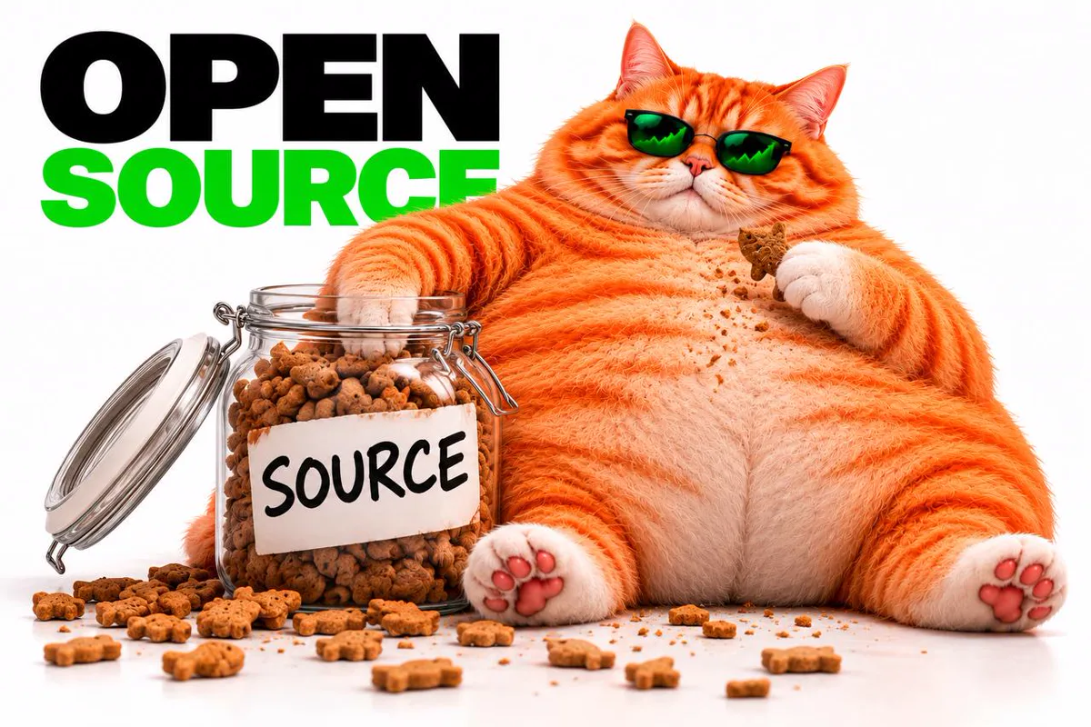 Open source cat with a jar of snacks